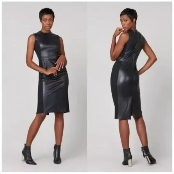 SPANX Black Leather Dress M Like Combo Fitted Delux Sheath Sleeveless 2039 - Picture 1 of 14